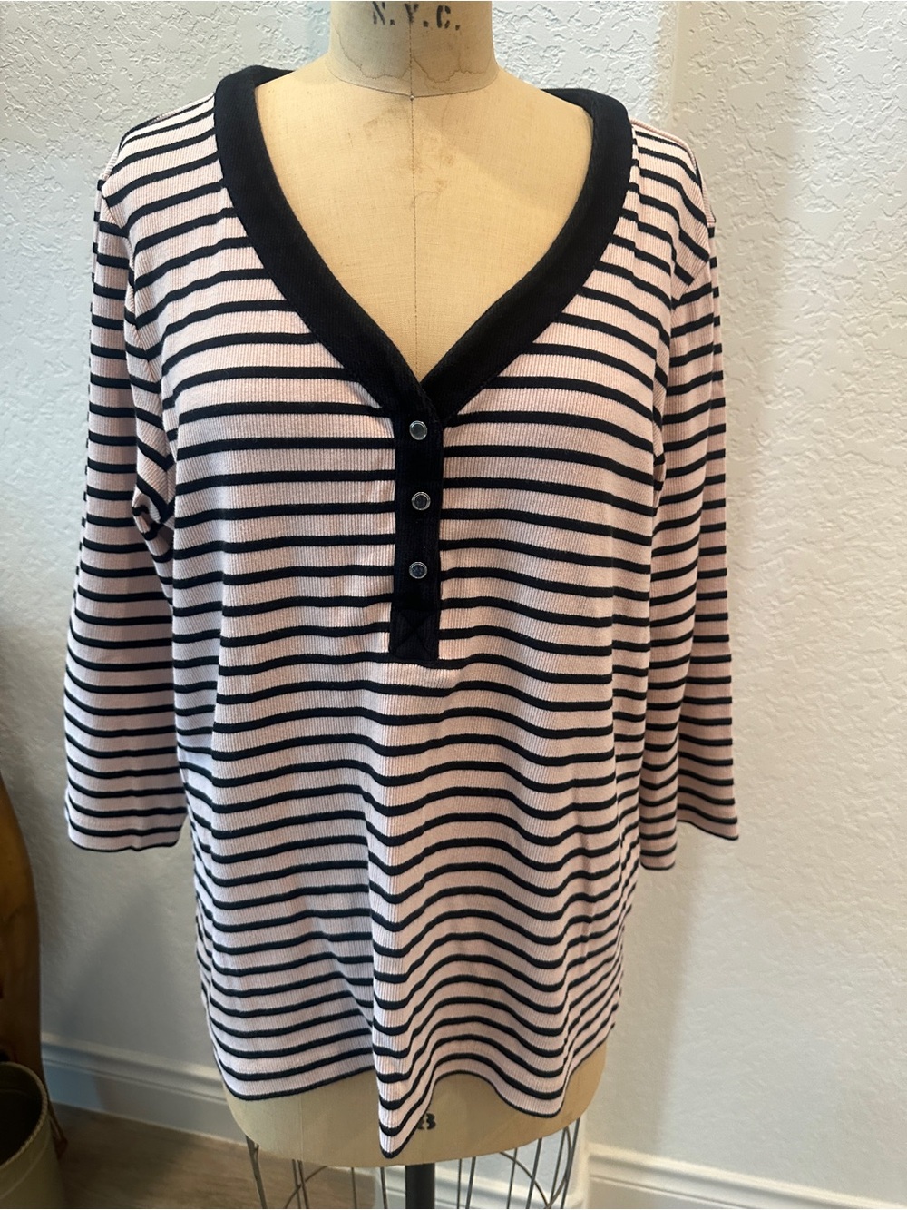 Chico's 3 Pinky peach and Black Striped V-Neck Henley Top